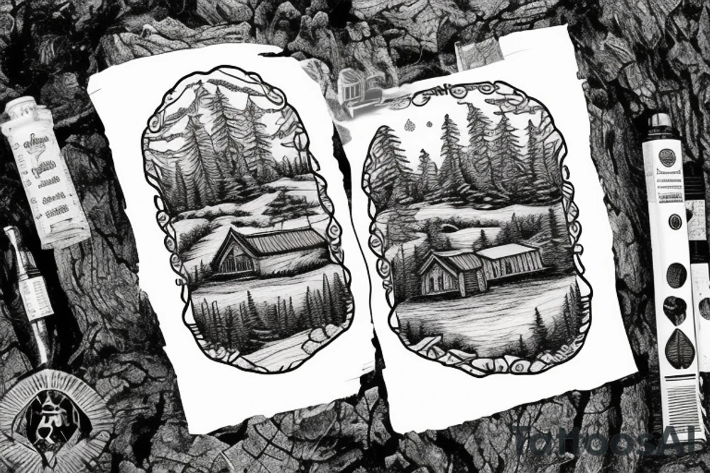 A log cabin on a cliff in the woods over looking a river tattoo idea