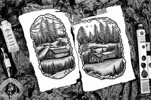 A log cabin on a cliff in the woods over looking a river tattoo idea