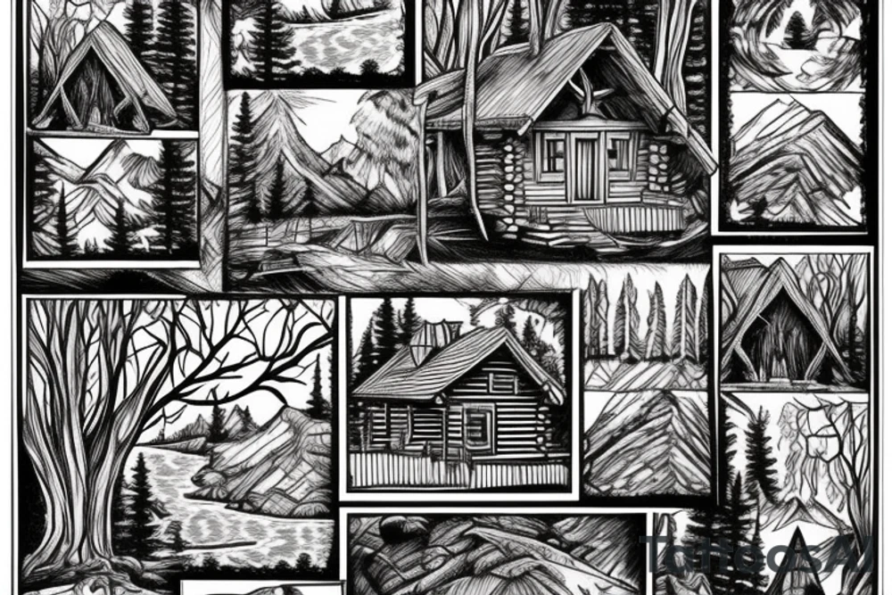 A log cabin on a cliff in the woods over looking a river tattoo idea