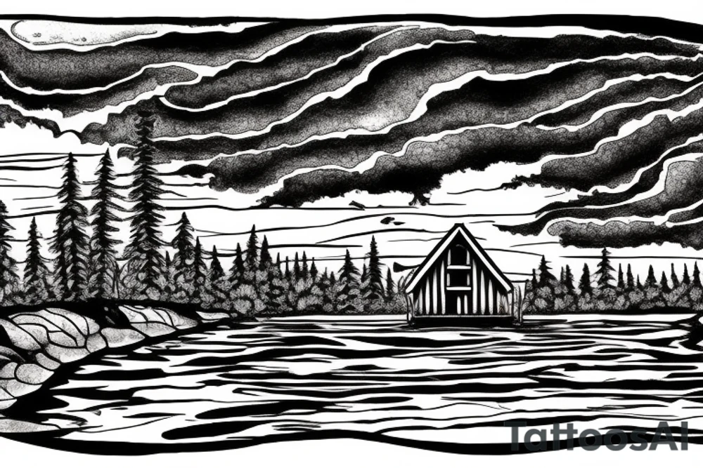 A log cabin on a cliff in the woods over looking a river tattoo idea