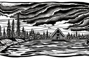 A log cabin on a cliff in the woods over looking a river tattoo idea