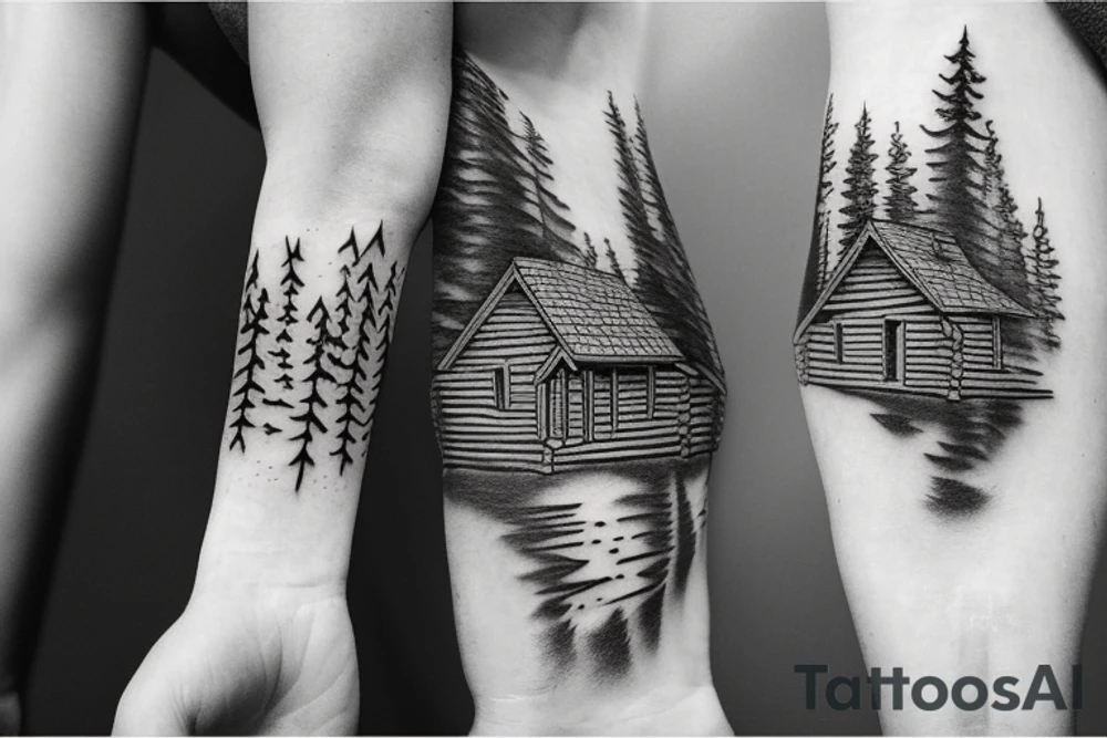 A log cabin on a cliff in the woods over looking a river tattoo idea