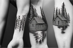 A log cabin on a cliff in the woods over looking a river tattoo idea