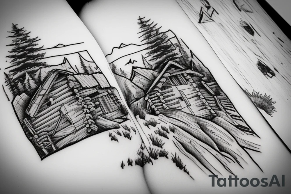A log cabin on a cliff in the woods over looking a river tattoo idea