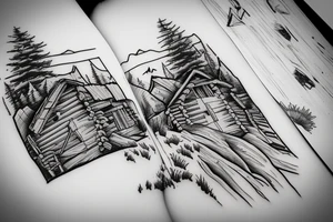 A log cabin on a cliff in the woods over looking a river tattoo idea