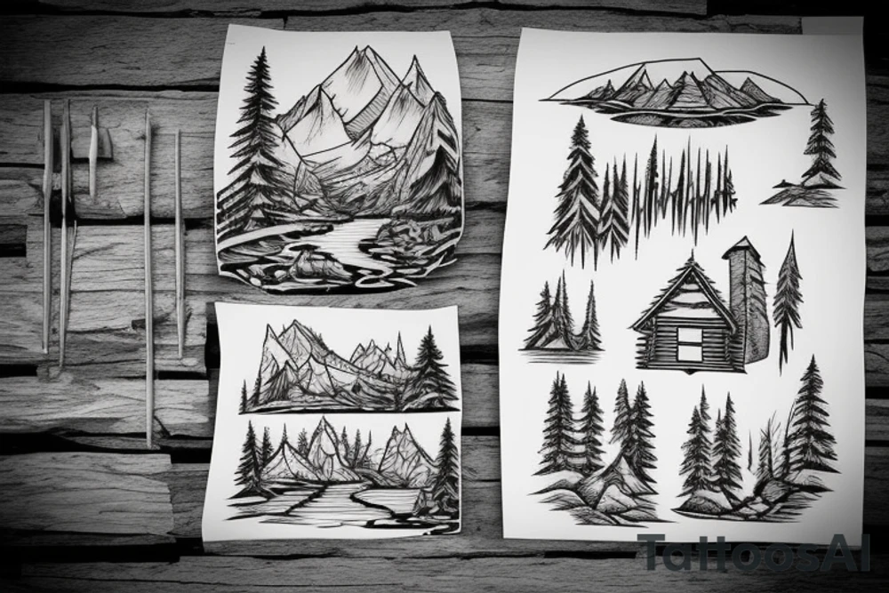 A log cabin on a cliff in the woods over looking a river tattoo idea