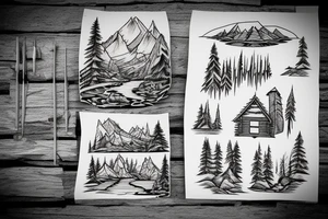A log cabin on a cliff in the woods over looking a river tattoo idea