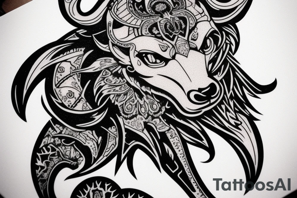 front view is an elite design with a ram slightly angry look. smooth transition dotwork. background blank tattoo idea