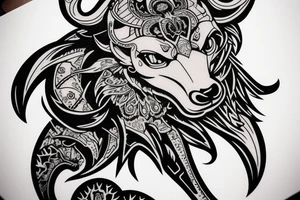 front view is an elite design with a ram slightly angry look. smooth transition dotwork. background blank tattoo idea