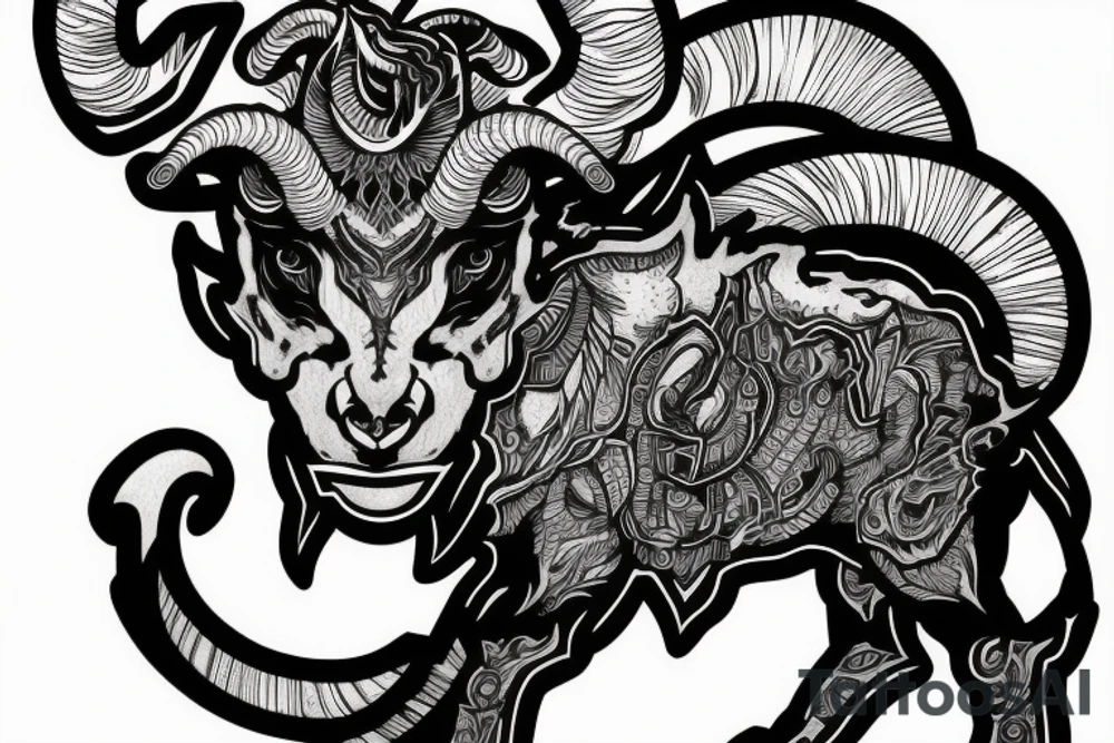 front view is an elite design with a ram slightly angry look. smooth transition dotwork. background blank tattoo idea