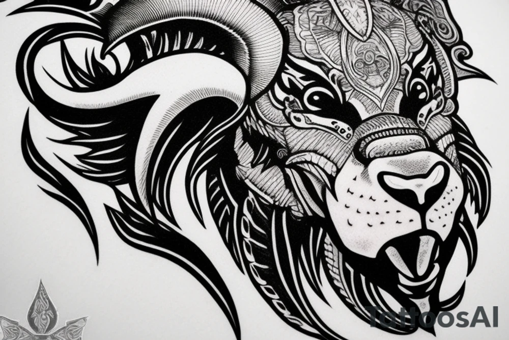 front view is an elite design with a ram slightly angry look realistic. smooth transition dotwork. background blank tattoo idea