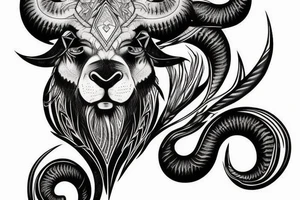 front view is an elite design with a ram slightly angry look realistic. smooth transition dotwork. background blank tattoo idea