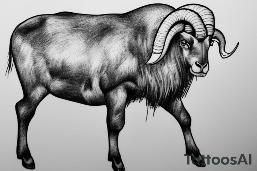 front view is an with a realistic ram slightly angry look realistic. smooth transition dotwork. background blank tattoo idea