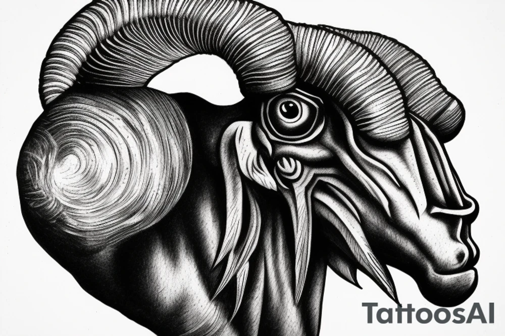 front view is an with a realistic ram head slightly angry look realistic. smooth transition dotwork. background blank tattoo idea