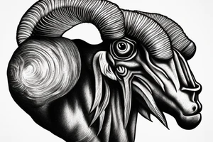 front view is an with a realistic ram head slightly angry look realistic. smooth transition dotwork. background blank tattoo idea