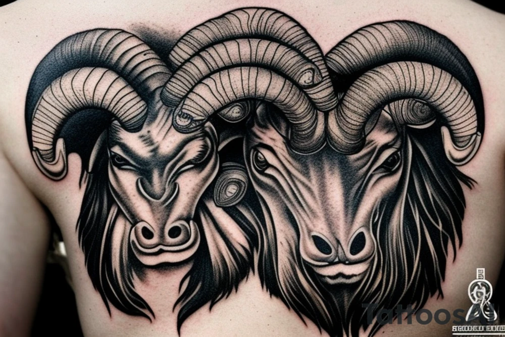 front view is an with a realistic ram head slightly angry look realistic. smooth transition dotwork. background blank tattoo idea