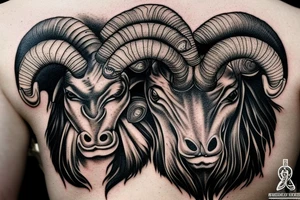 front view is an with a realistic ram head slightly angry look realistic. smooth transition dotwork. background blank tattoo idea