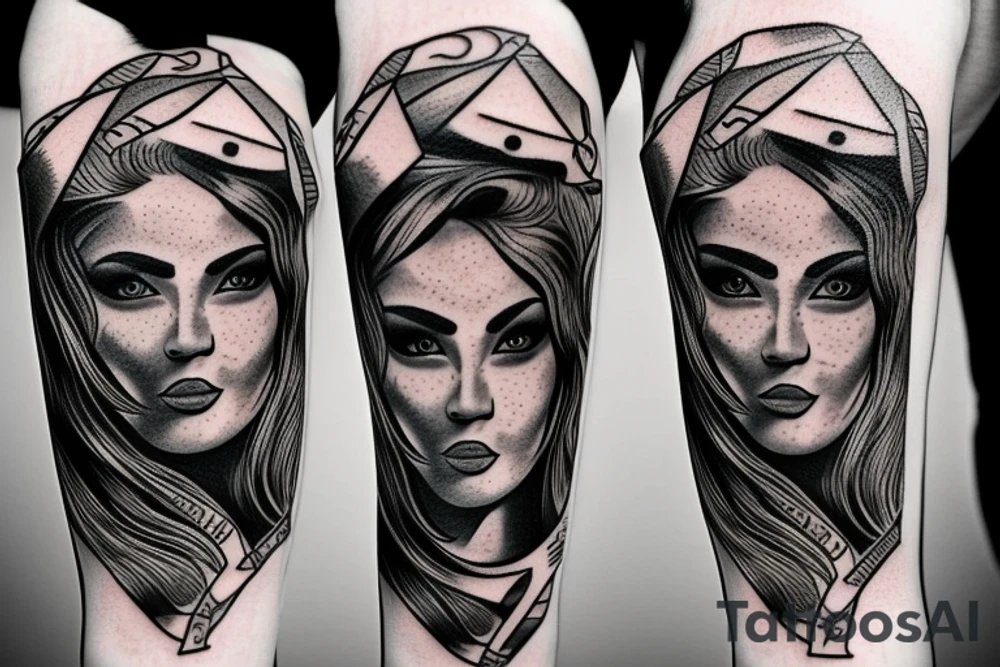 Woman’s face on an axe head tattoo idea