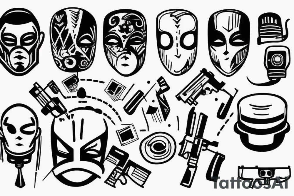 Masked man with automatic gun tattoo idea