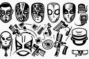 Masked man with automatic gun tattoo idea