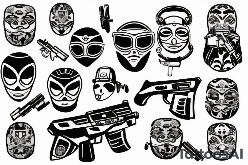 Masked man with automatic gun tattoo idea