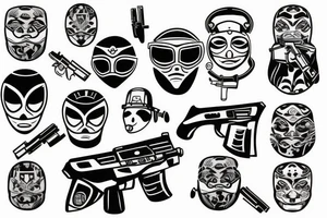Masked man with automatic gun tattoo idea