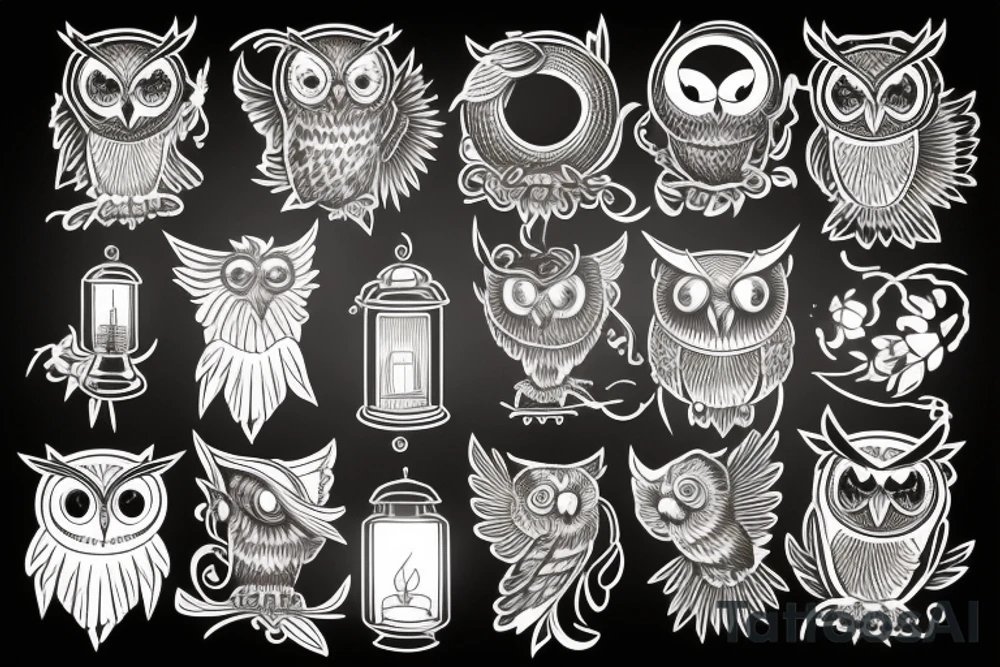 owl with its wind spread landing  holding a lantern on fire tattoo idea