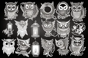 owl with its wind spread landing  holding a lantern on fire tattoo idea
