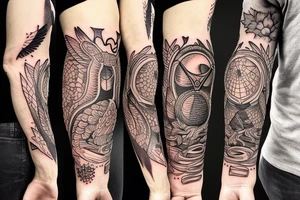 owl with its wind spread landing  holding a lantern on fire tattoo idea