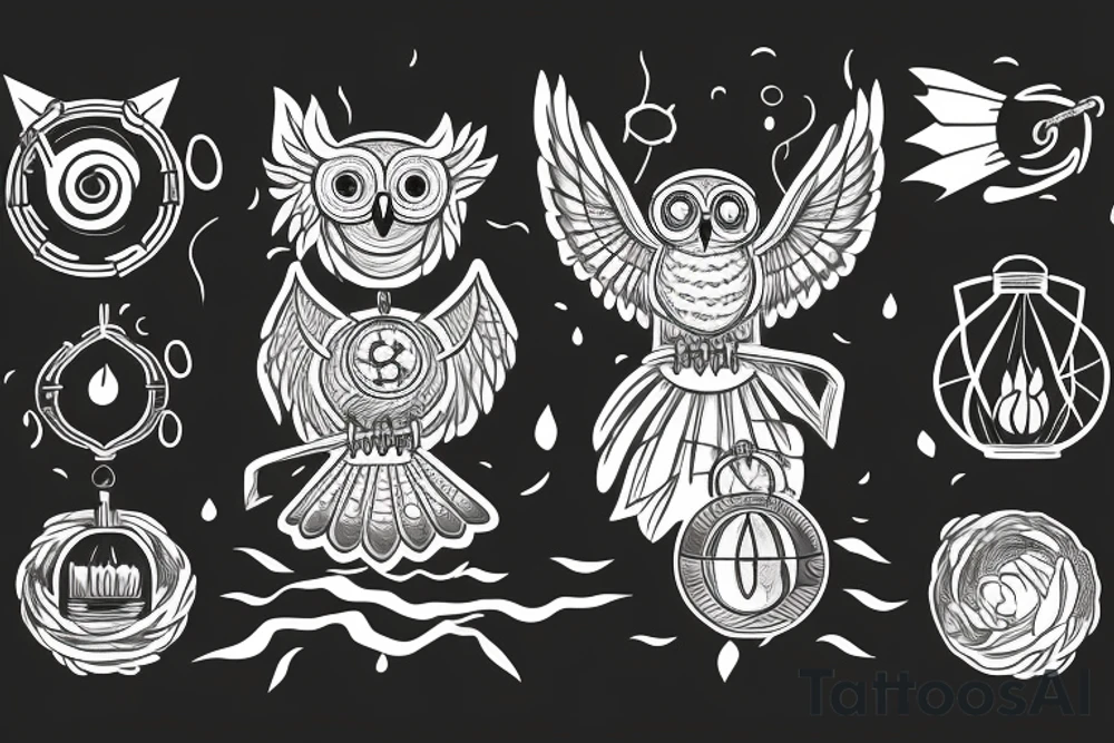 owl with its wind spread landing  holding a lantern on fire tattoo idea