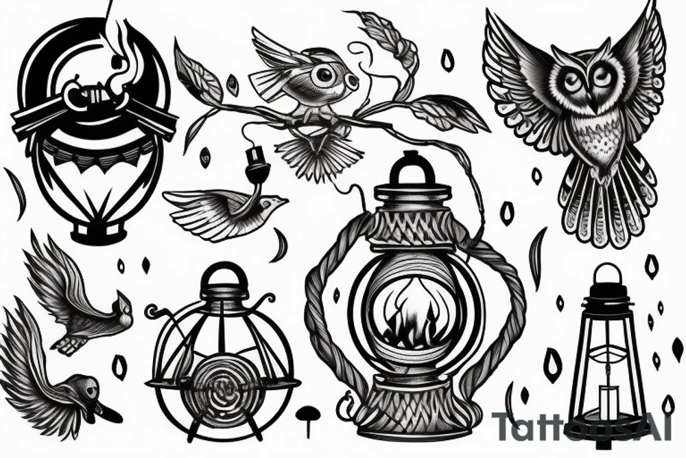 owl with its wind spread landing  holding a lantern on fire tattoo idea