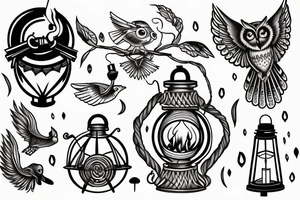 owl with its wind spread landing  holding a lantern on fire tattoo idea