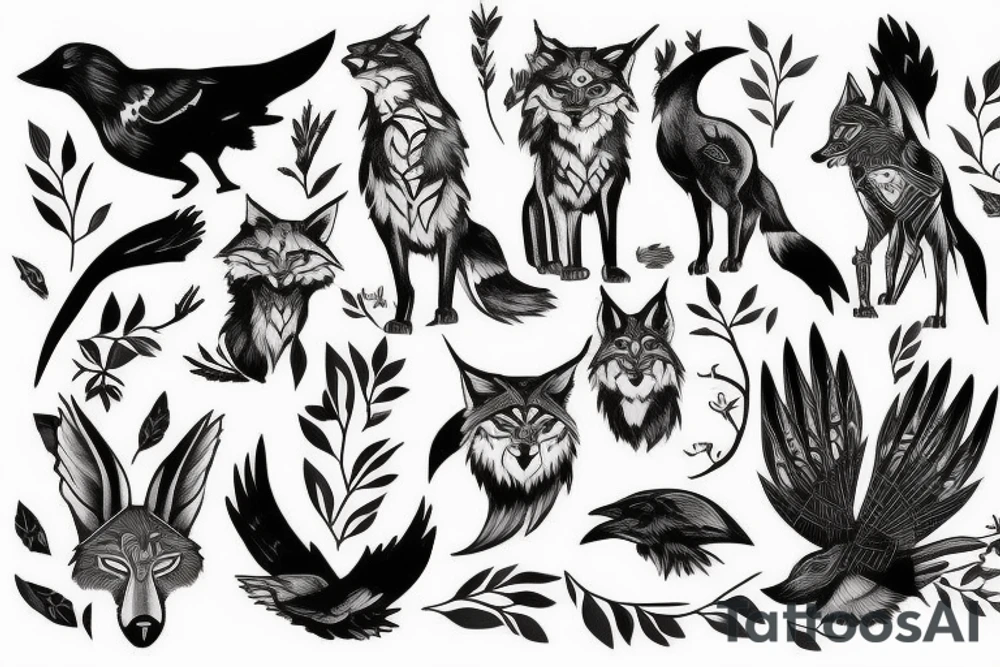 crow, lynx, fox, forest tattoo idea