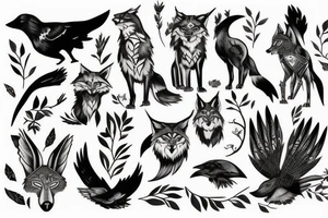 crow, lynx, fox, forest tattoo idea
