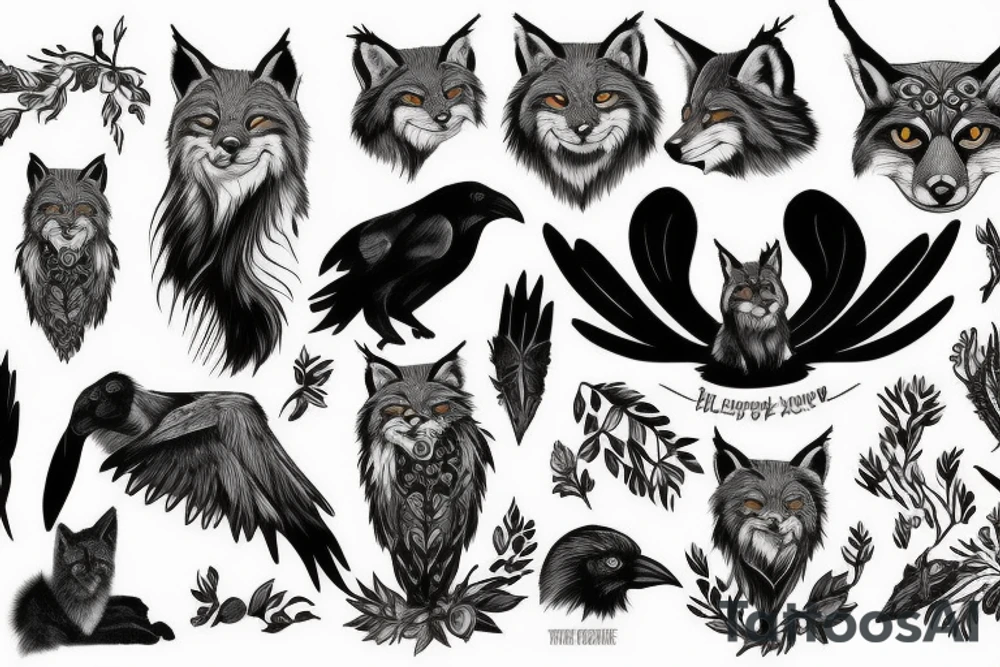crow, lynx, fox, forest tattoo idea