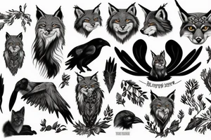 crow, lynx, fox, forest tattoo idea
