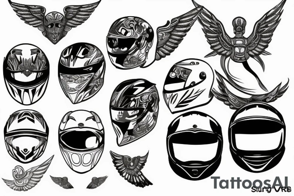Motorcycle helmet with spurg plug and wings tattoo idea