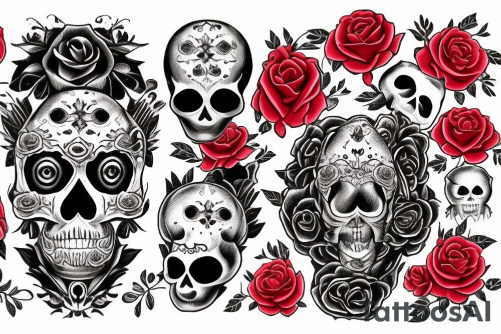 red cats skull black roses text 'memento mori' tattoo idea
