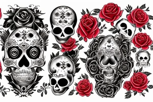 red cats skull black roses text 'memento mori' tattoo idea