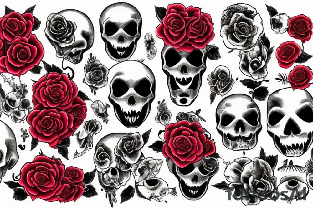 red cats skull black roses text 'memento mori' tattoo idea