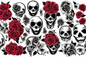 red cats skull black roses text 'memento mori' tattoo idea