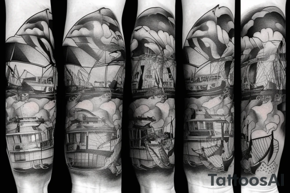 Speedboat going across water around lower leg tattoo idea