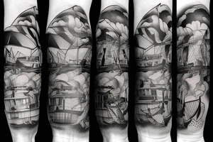 Speedboat going across water around lower leg tattoo idea