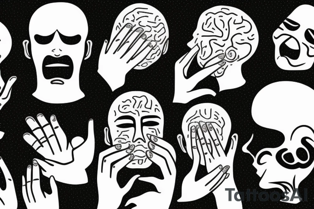Man with hand covering mouth, no ears, and exposed brain tattoo idea