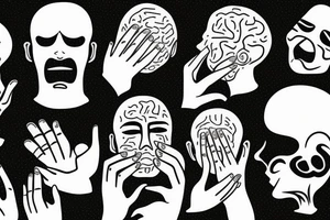Man with hand covering mouth, no ears, and exposed brain tattoo idea