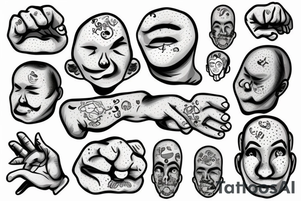 Man with hand covering mouth, no ears, and exposed brain tattoo idea
