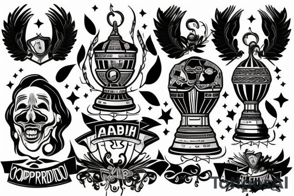 la copa libertadores rodeada de papelitos
 y sostenida por marcelo gallardo tattoo idea