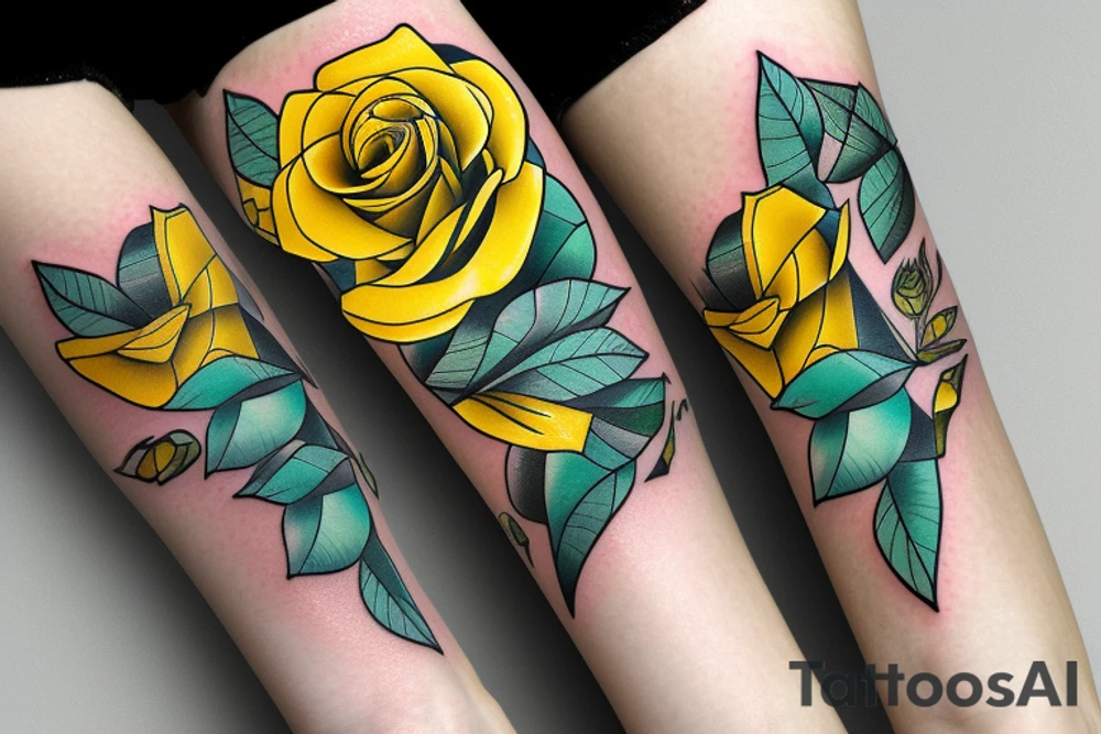 Yellow rose with teal dipped pedal tips tattoo idea