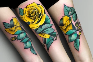 Yellow rose with teal dipped pedal tips tattoo idea