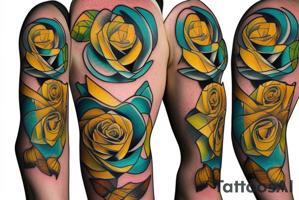 Yellow rose with teal dipped pedal tips tattoo idea